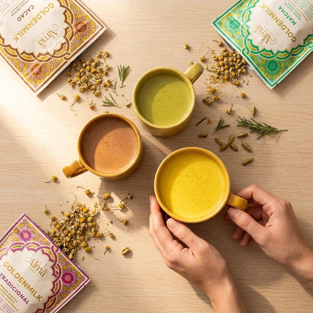GoldenBox de Golden Milk Instantánea 80g. + Accesorios | Tradicional + Cacao + Matcha | Batidor Eléctrico Recargable | Sorpresas