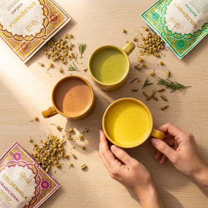 GoldenBox de Golden Milk Instantánea 80g. + Accesorios | Tradicional + Cacao + Matcha | Batidor Eléctrico Recargable | Sorpresas