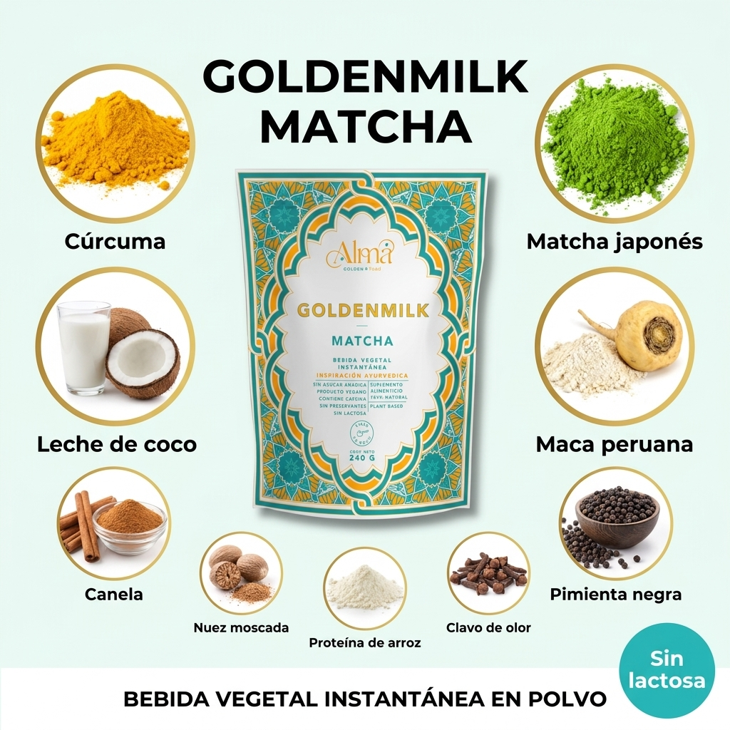 Goldenmilk Matcha y Maca Instantánea | Leche Dorada vegana con Matcha japonés y Maca blanca