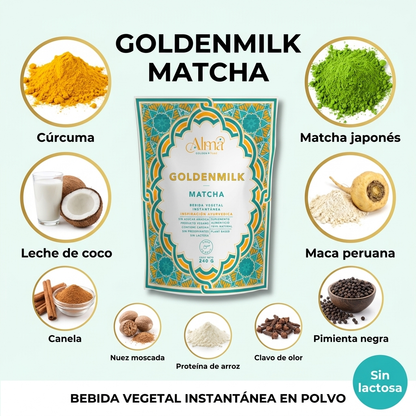 Goldenmilk Matcha y Maca Instantánea | Leche Dorada vegana con Matcha japonés y Maca blanca