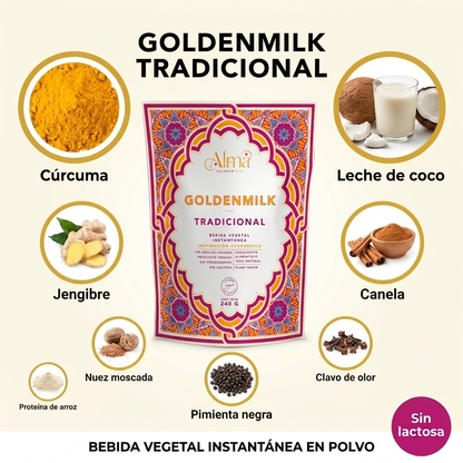 Golden Milk Tradicional instantánea | Leche Dorada vegana en Polvo con Cúrcuma y Especias