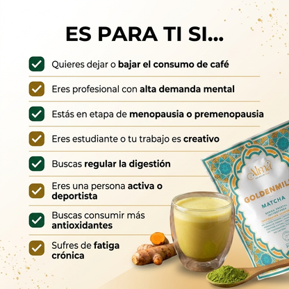 Goldenmilk Matcha y Maca Instantánea | Leche Dorada vegana con Matcha japonés y Maca blanca