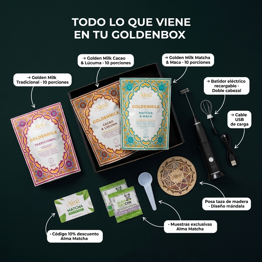 GoldenBox de Golden Milk Instantánea 80g. + Accesorios | Tradicional + Cacao + Matcha | Batidor Eléctrico Recargable | Sorpresas
