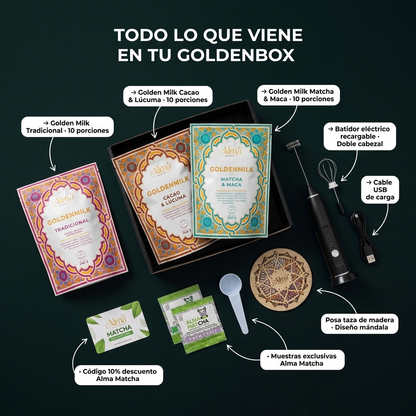 GoldenBox de Golden Milk Instantánea 80g. + Accesorios | Tradicional + Cacao + Matcha | Batidor Eléctrico Recargable | Sorpresas