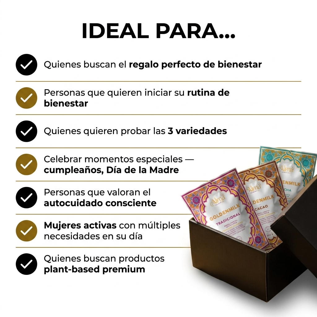GoldenBox de Golden Milk Instantánea 80g. + Accesorios | Tradicional + Cacao + Matcha | Batidor Eléctrico Recargable | Sorpresas