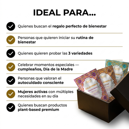 GoldenBox de Golden Milk Instantánea 80g. + Accesorios | Tradicional + Cacao + Matcha | Batidor Eléctrico Recargable | Sorpresas